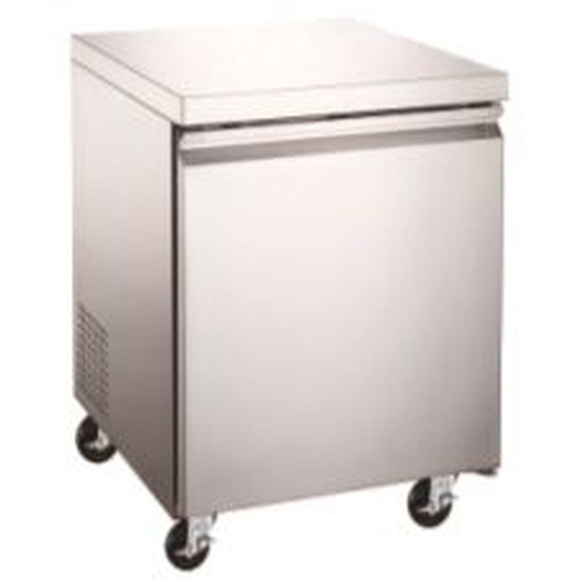 Enhanced EUC-27F-HC 27-inch undercounter freezer in stainless steel with solid swing door and caster wheels