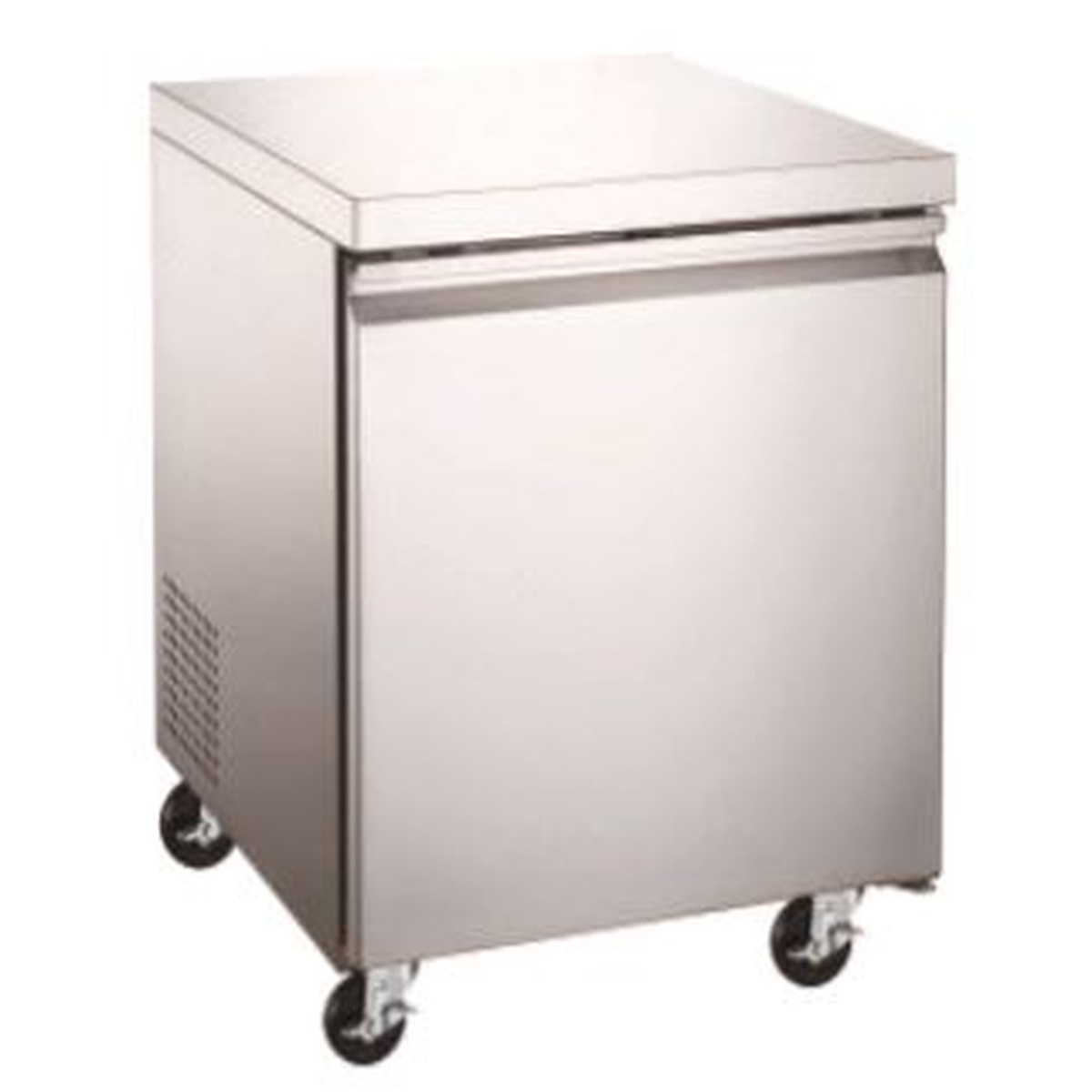 Enhanced EUC-27R-HC stainless steel undercounter refrigerator on heavy-duty casters with single solid door