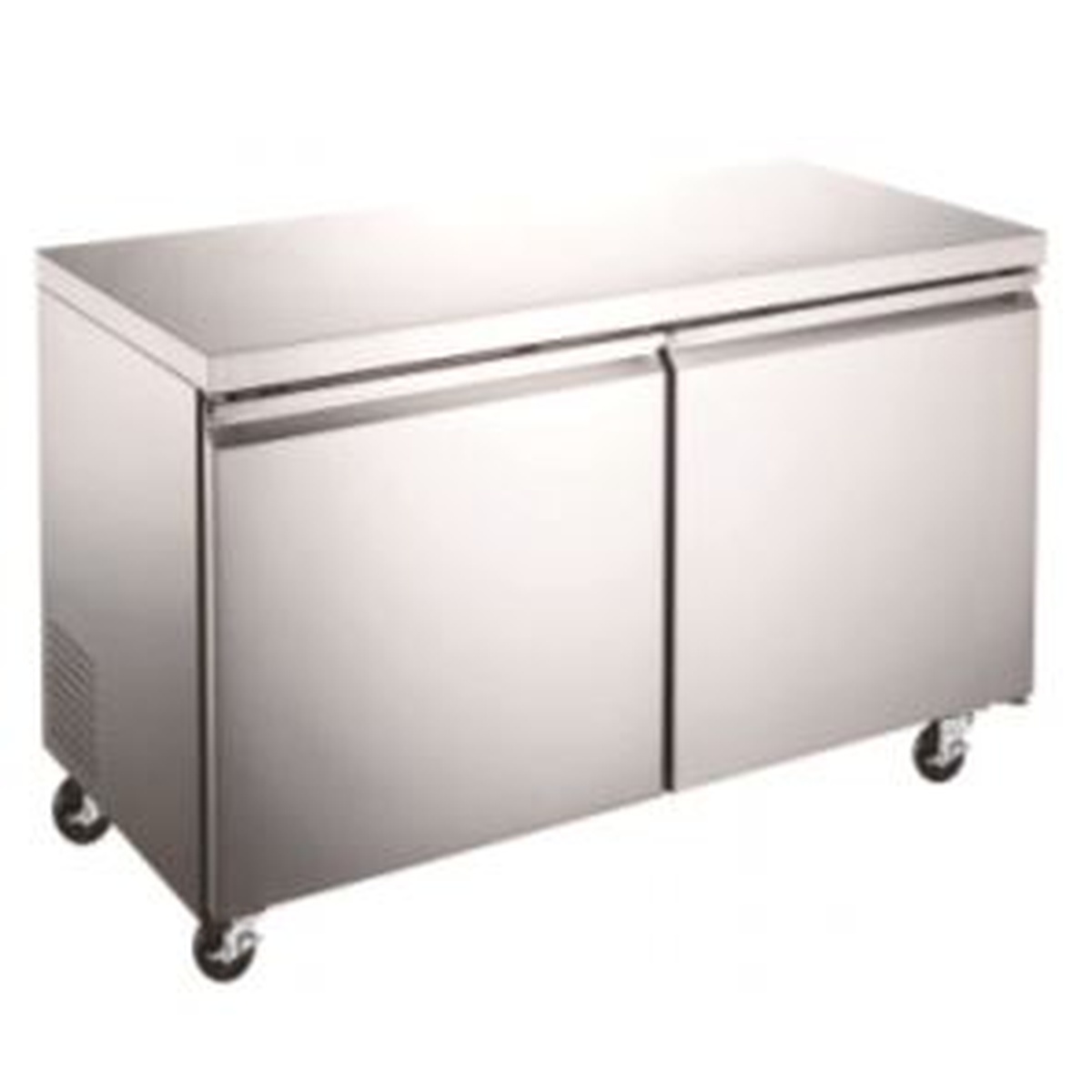 Enhanced EUC-60R-HC 60-inch two-door stainless steel undercounter refrigerator on casters