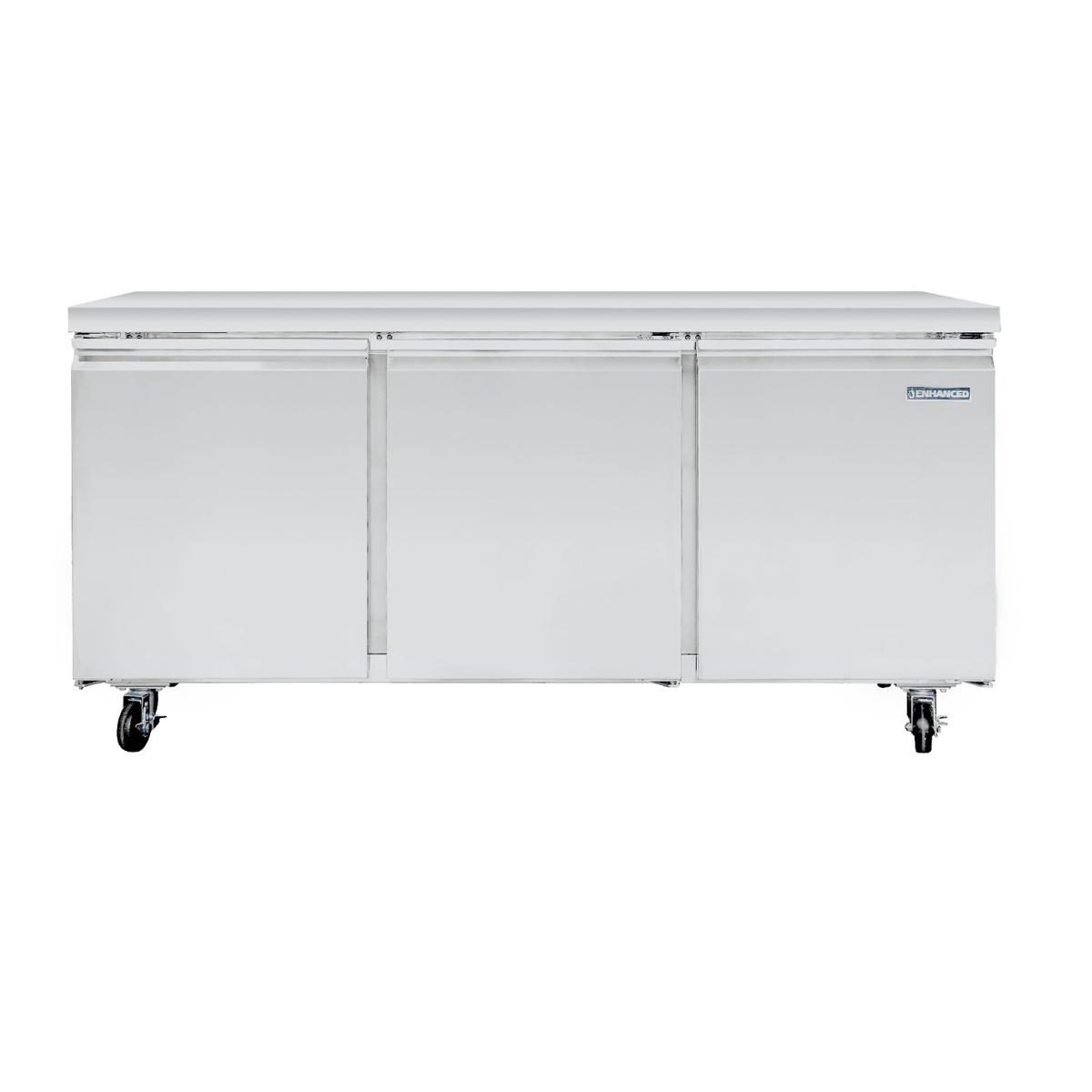 Enhanced EUC-72R-HC 72-inch undercounter refrigerator front view showing three solid doors and caster wheels