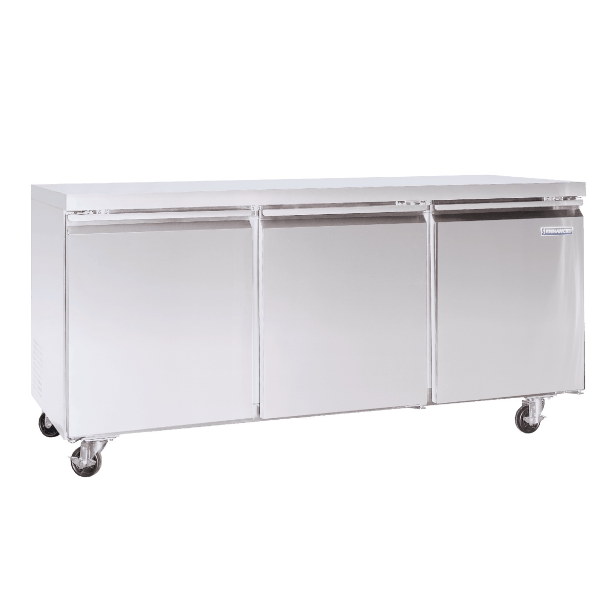 Enhanced EUC-72R-HC undercounter refrigerator three-quarter angle view showing stainless steel exterior and casters