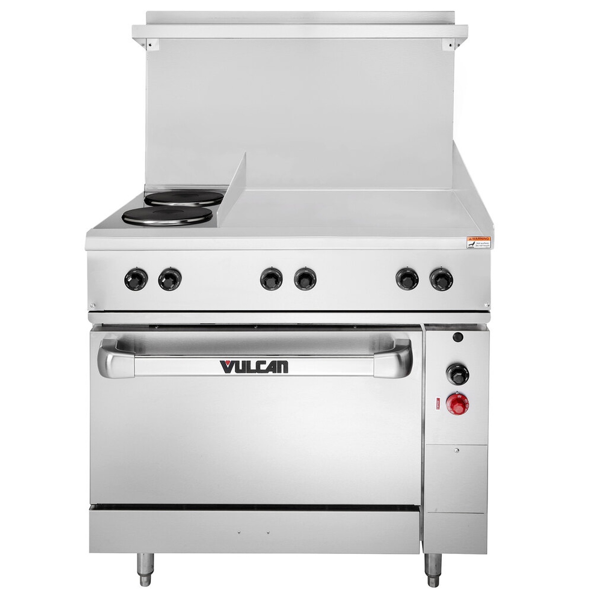 Vulcan EV36S-2FP24G208 36-inch electric range with two French plates, 24-inch griddle, and standard oven base, front view