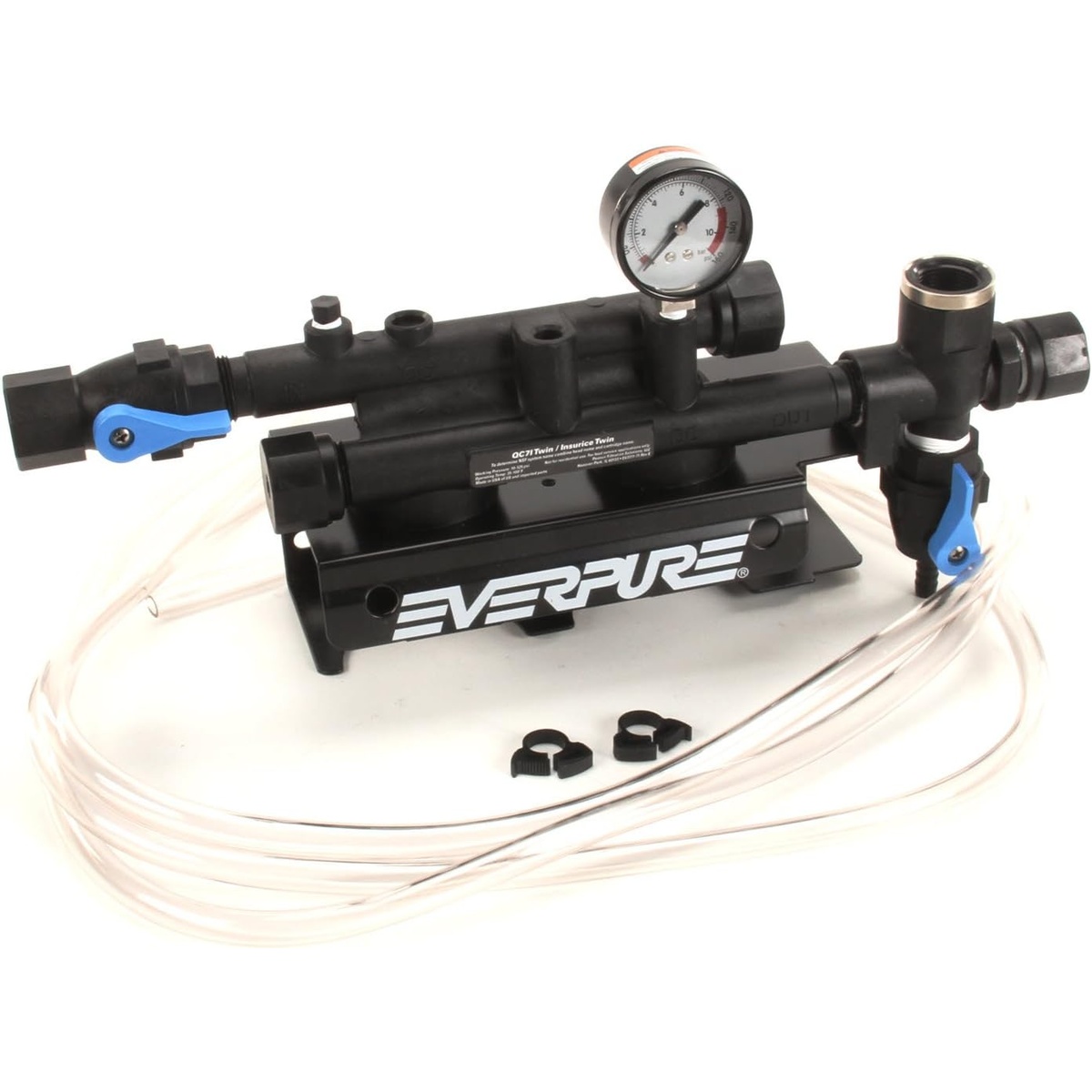 Everpure QC7I EV927222 Twin Parallel Filter Head assembly with pressure gauge, shut-off valves, mounting bracket, and tubing