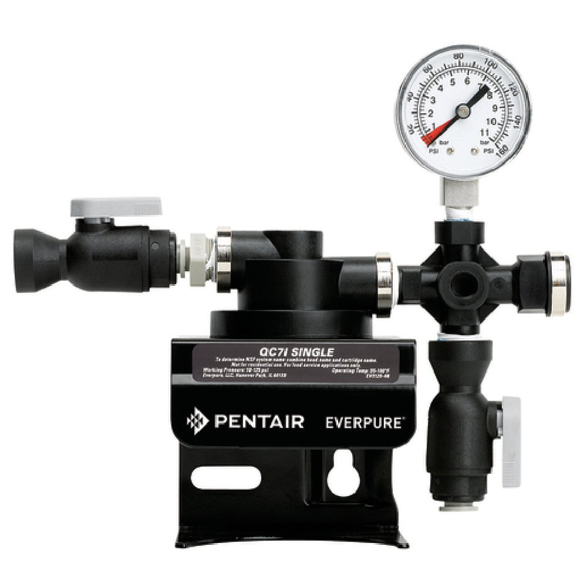 Everpure EV927241 QC7I Single filter head assembly rear angle showing Pentair Everpure branding, pressure gauge, and valve connections
