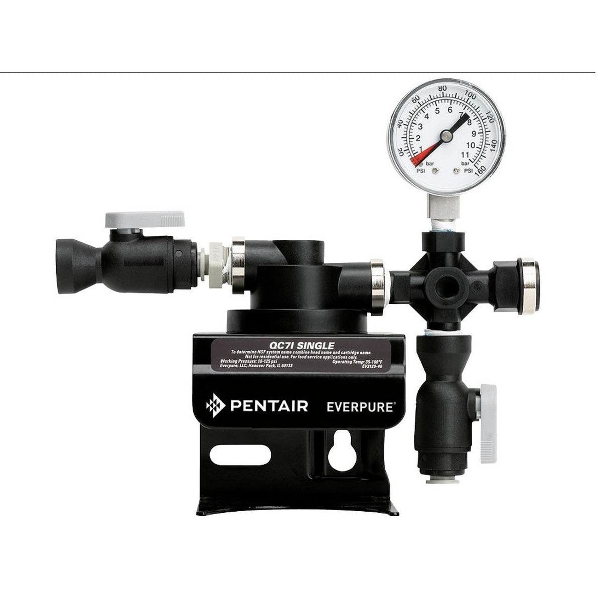 Everpure EV927241 QC7I Single filter head and gauge assembly with mounting bracket, shut-off valve, and pressure gauge on white background