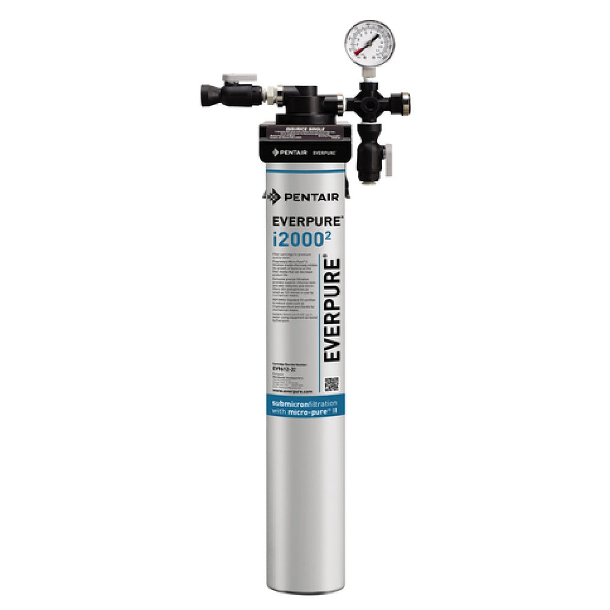 Everpure Pentair i2000 squared single filter system showing outlet pressure gauge and flushing valve detail