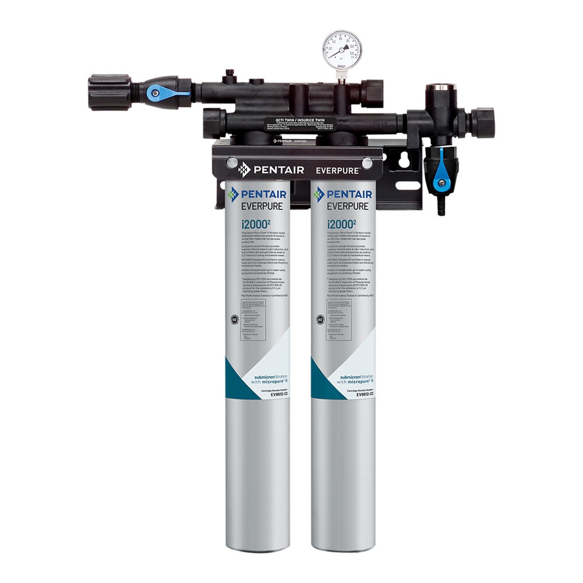 Everpure EV932402 Insurice Twin I2000² dual water filtration system with two filter cartridges and pressure gauge mounted on black header