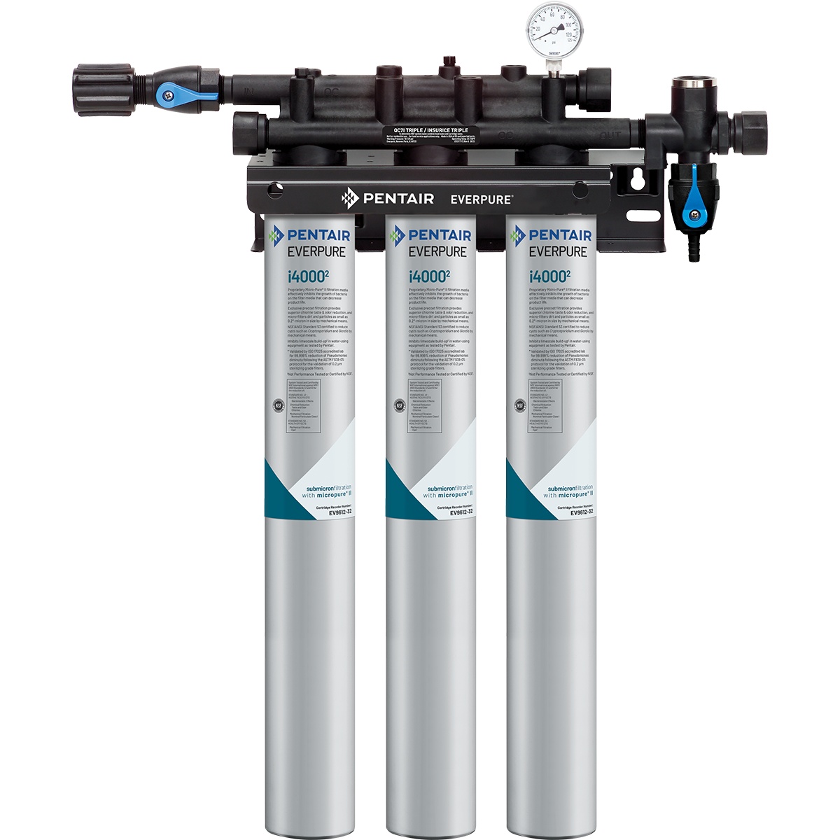 Everpure EV932503 Insurice Triple i4000² water filtration system with three filter cartridges and manifold