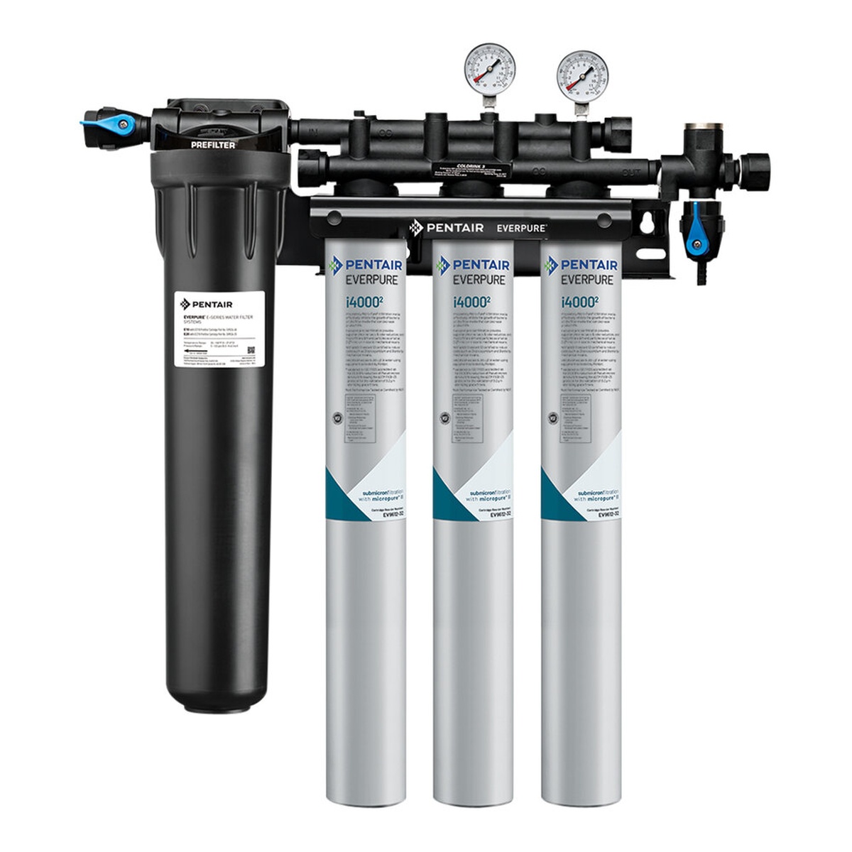 Everpure EV932523 Insurice Triple PF-i4000² water filtration system showing prefilter housing and three i4000² cartridges mounted on manifold with dual pressure gauges