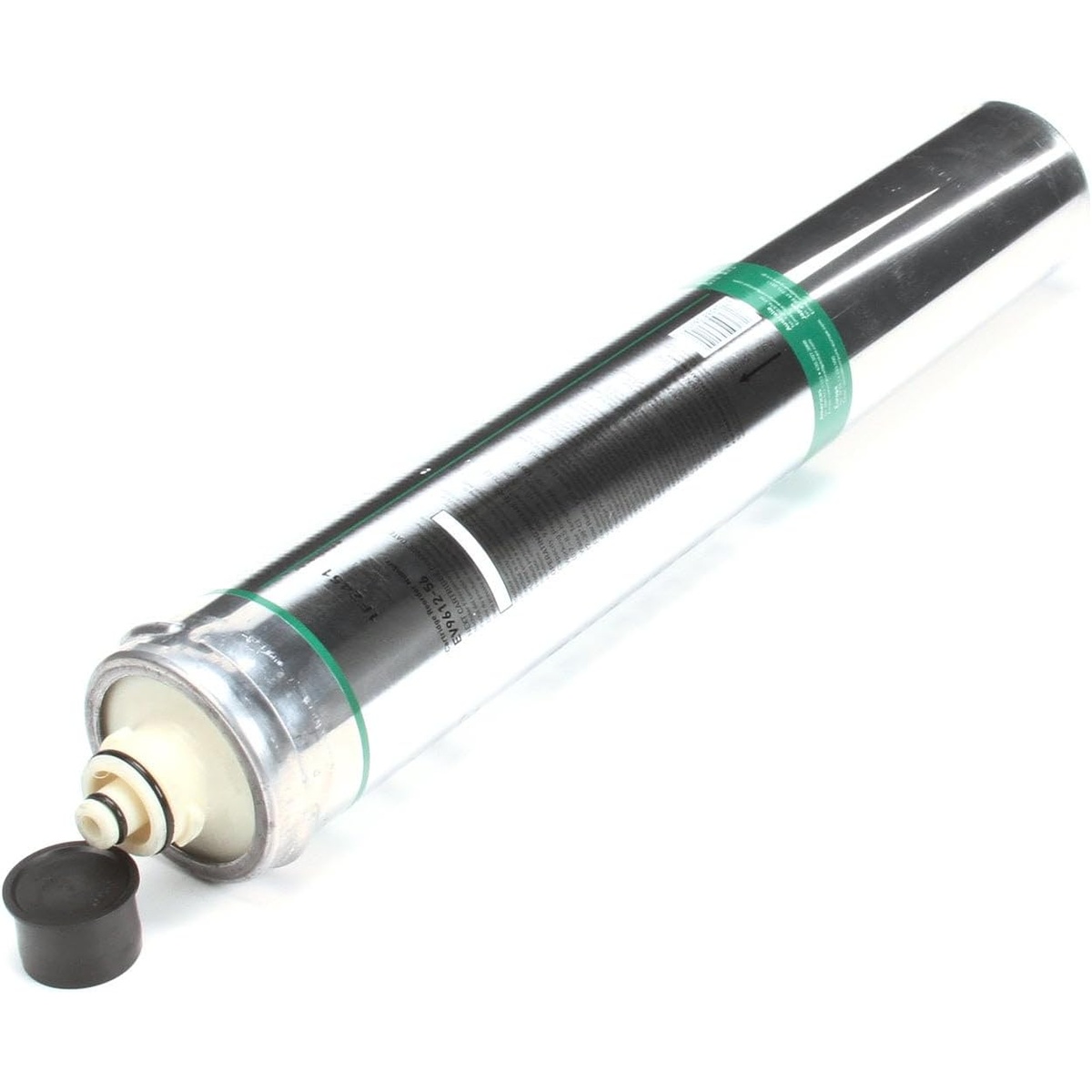 Everpure EV961256 MC2 water filter cartridge angled view showing connector and green label bands