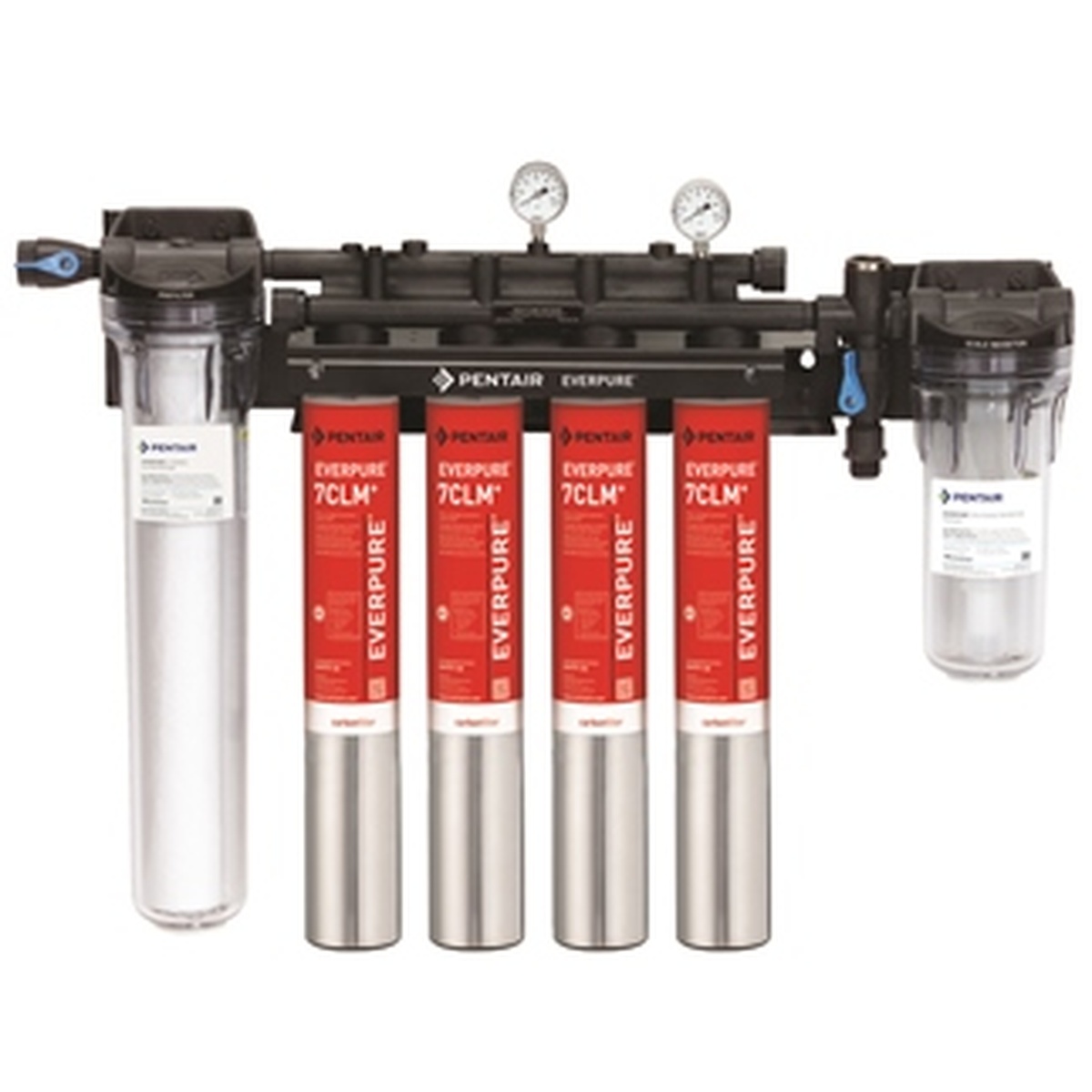Everpure EV977134 High Flow CSR Quad-7CLM+ Fountain Filtration System with four red cartridges and pressure gauges