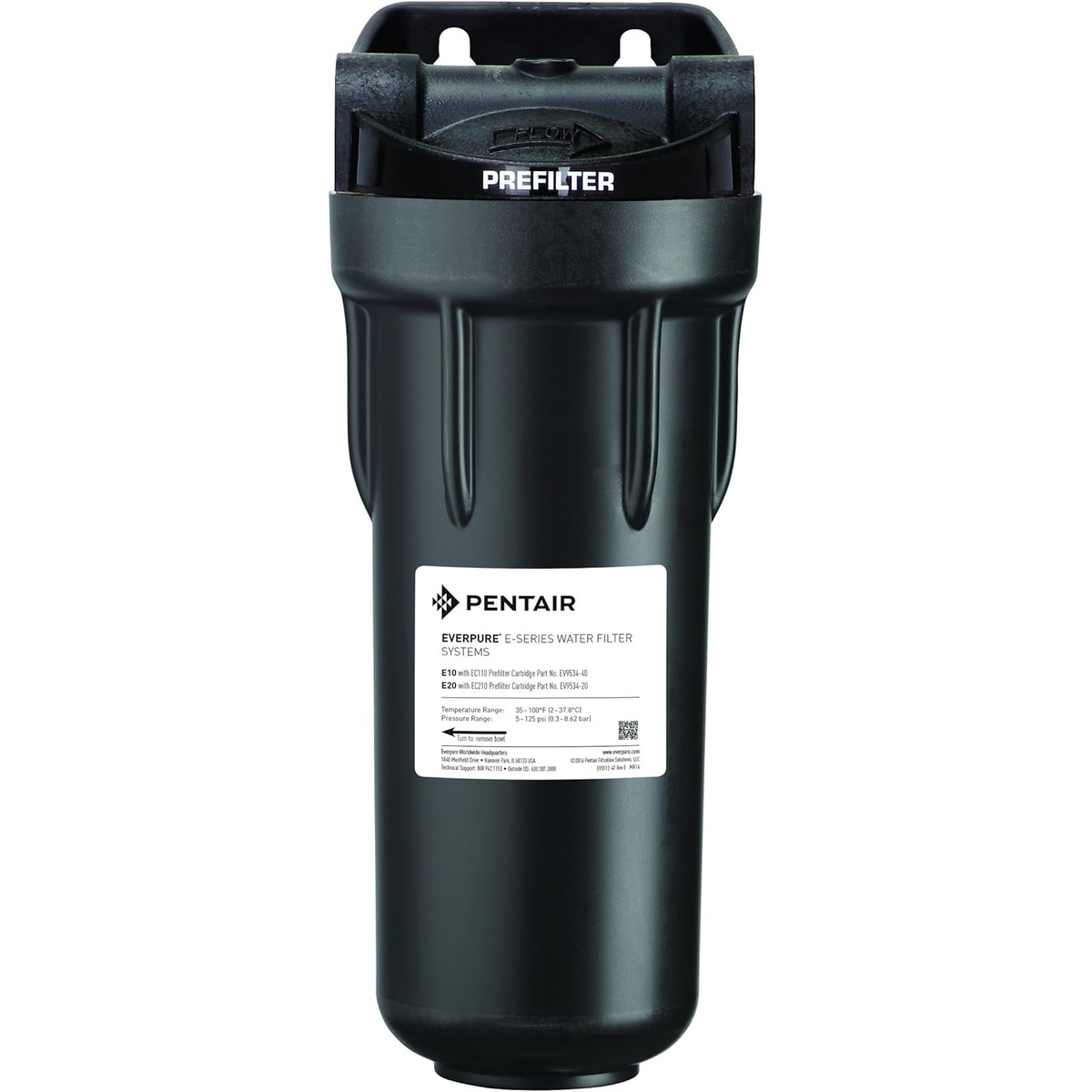 Everpure EV979580 E10 E-Series black plastic prefilter assembly housing with Pentair label