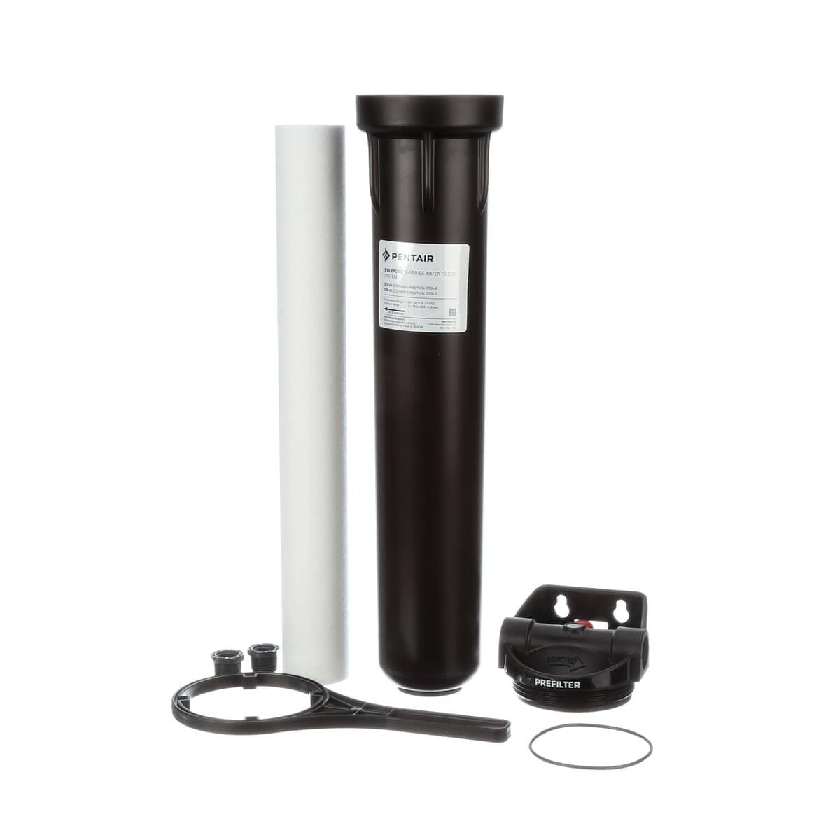 Everpure E20 prefilter system complete kit showing black housing, EC210 white cartridge, head assembly, wrench and O-ring