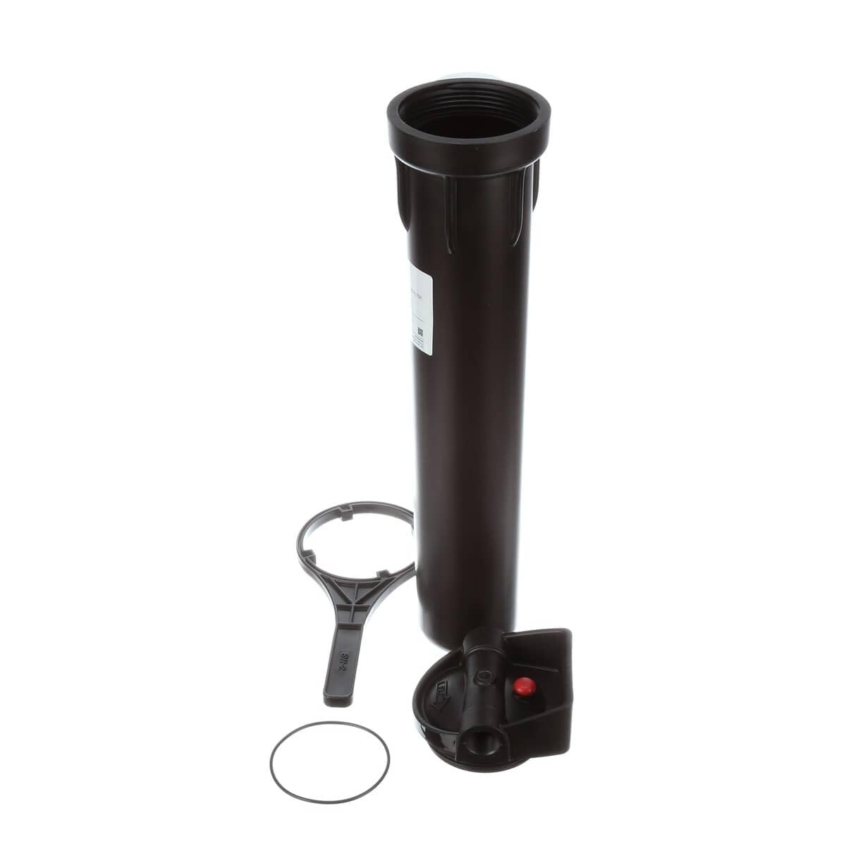 Everpure E20 prefilter black housing angled tall view with head assembly, wrench, and O-ring