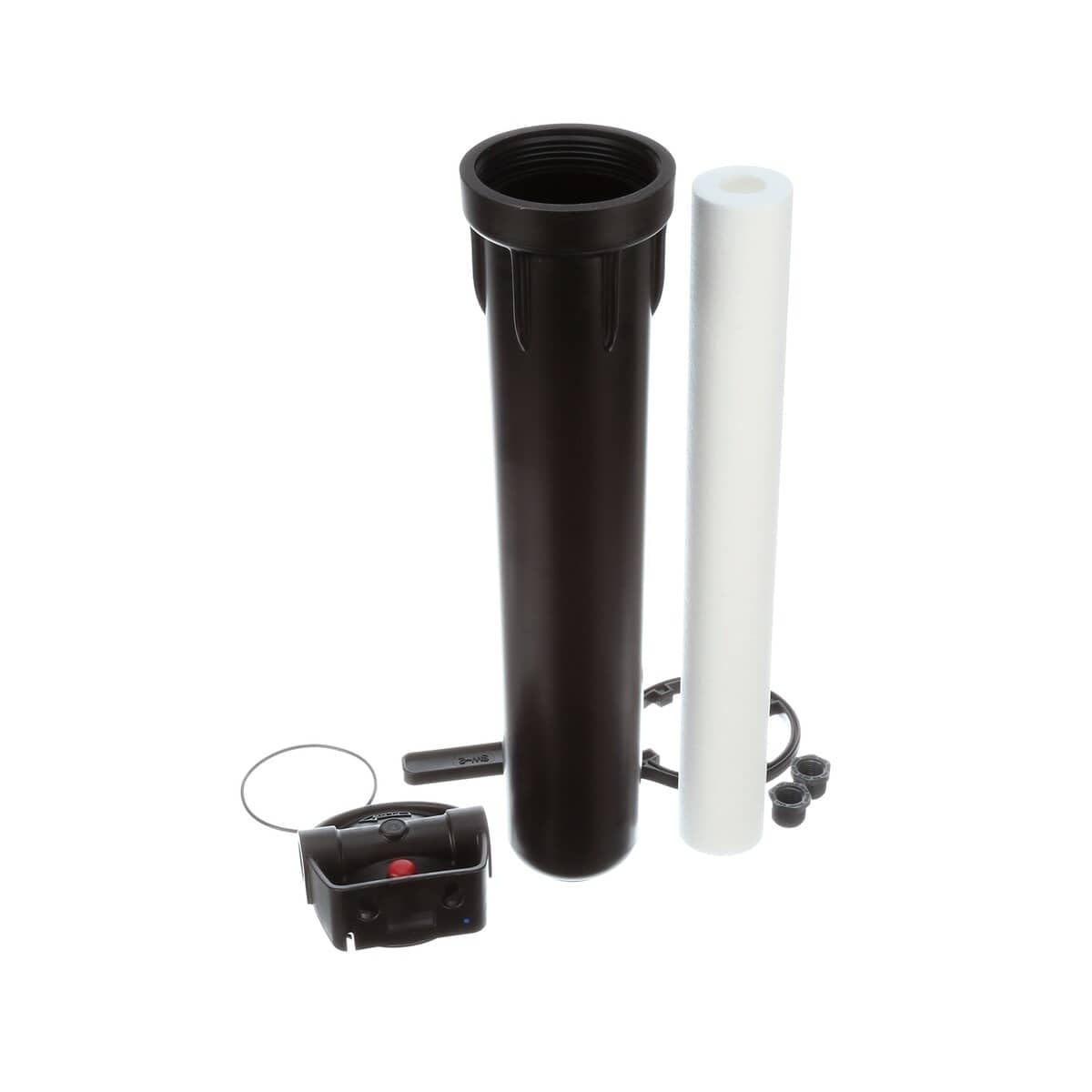 Everpure E20 prefilter system components spread out showing black housing cylinder, white cartridge, head unit, and accessories
