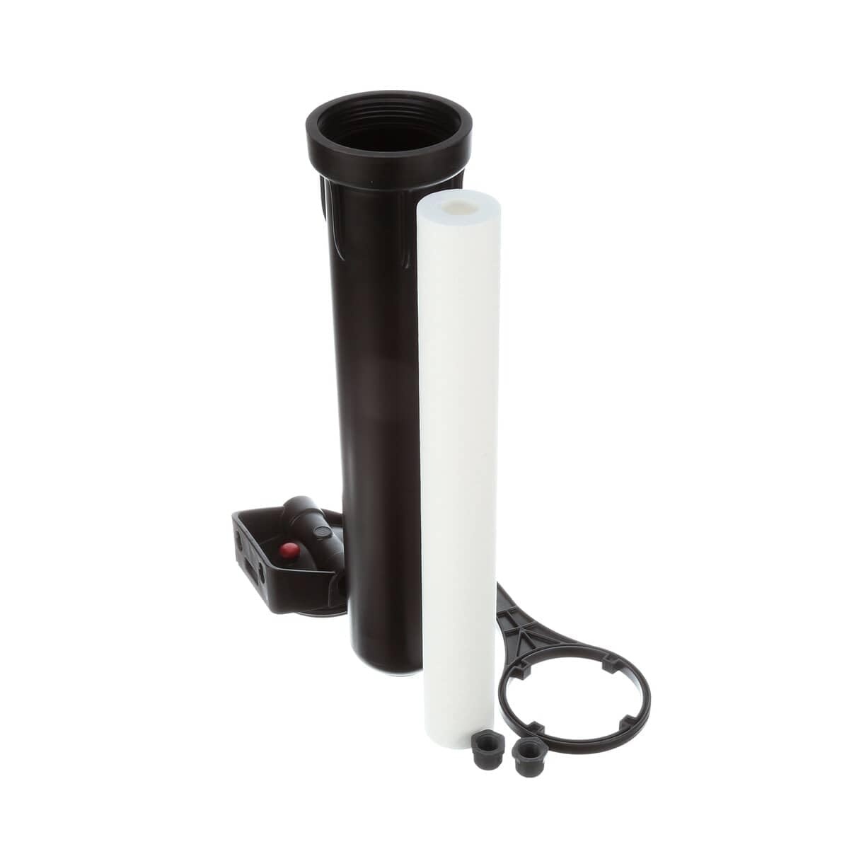 Close-up angled view of Everpure E20 prefilter components including black bowl, white EC210 cartridge, bracket, and wrench