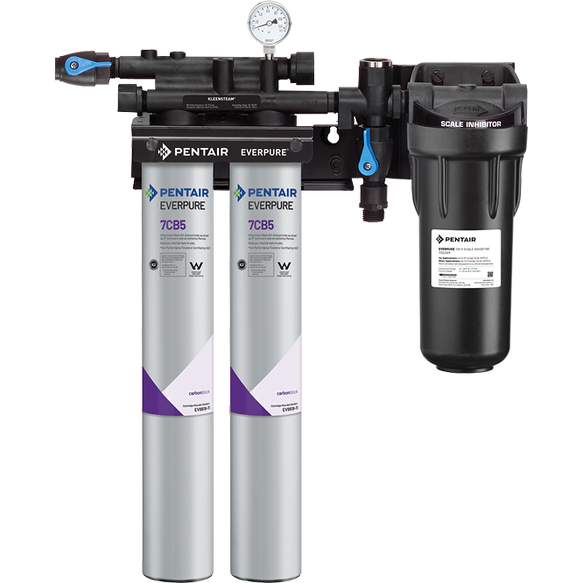 Everpure Kleensteam II water filtration system with dual 7CB5 carbon block cartridges and scale inhibitor housing