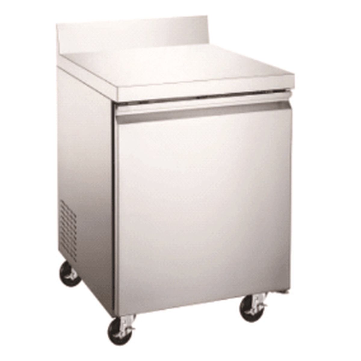Enhanced Refrigeration EWT-27F-HC 27-inch stainless steel worktop freezer with backsplash and casters on white background