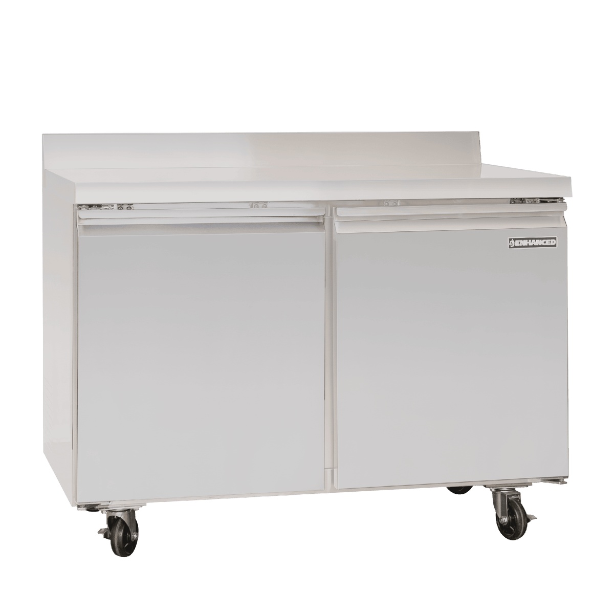 Enhanced EWT-48F-HC 48-inch worktop freezer unit with stainless steel work surface, two solid doors, and casters