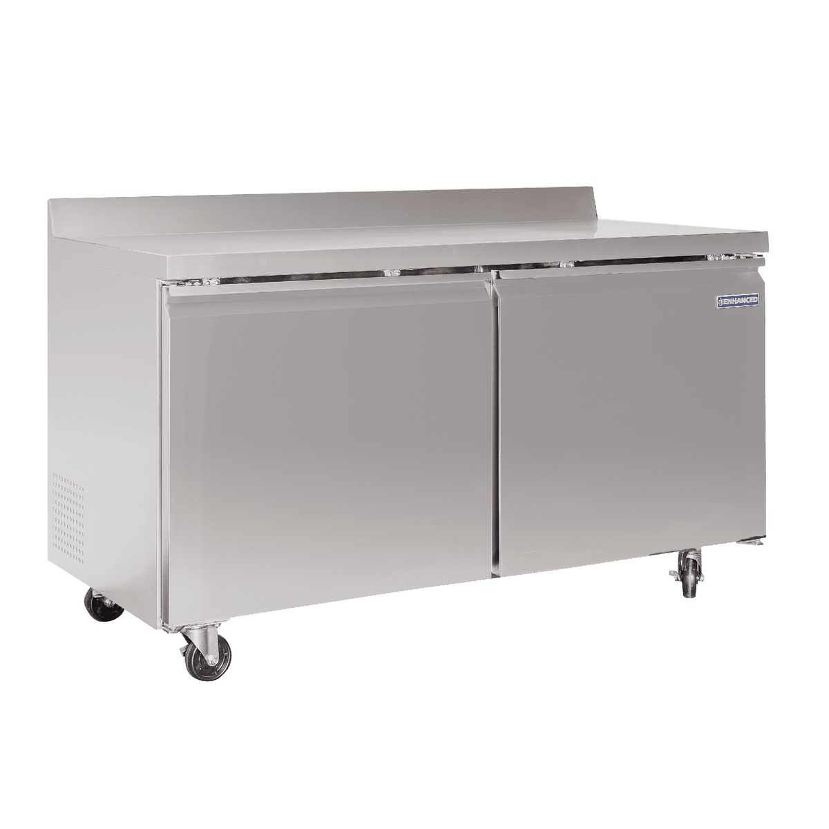 Enhanced Refrigeration EWT-60F-HC 60-inch stainless steel worktop freezer unit with two solid doors, backsplash, and casters