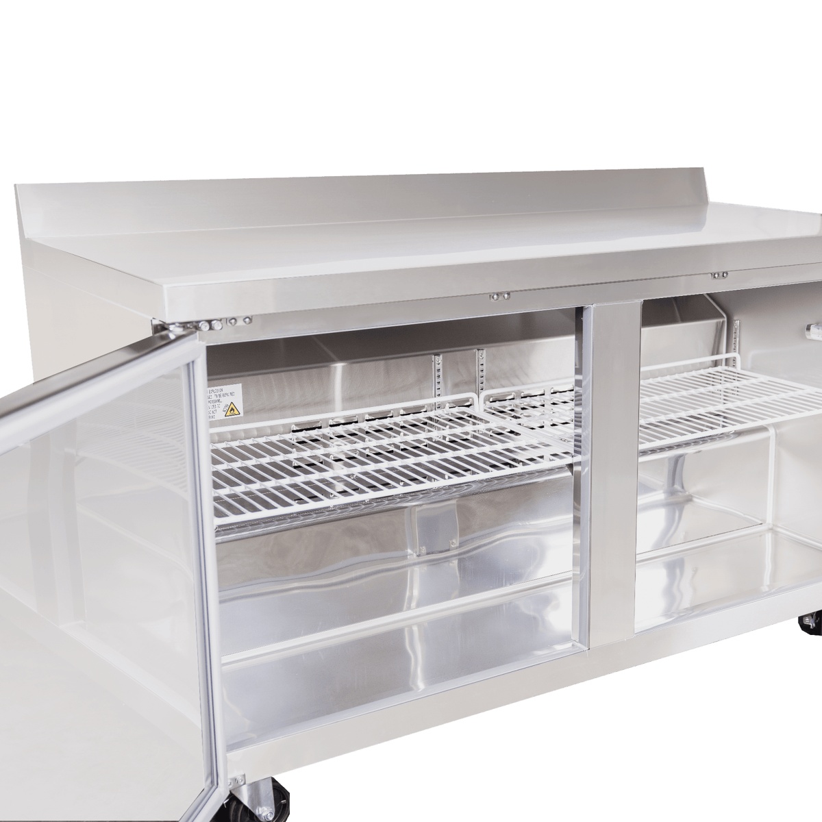 Interior view of Enhanced EWT-60R-HC worktop refrigerator showing adjustable wire shelves and stainless steel interior with doors open