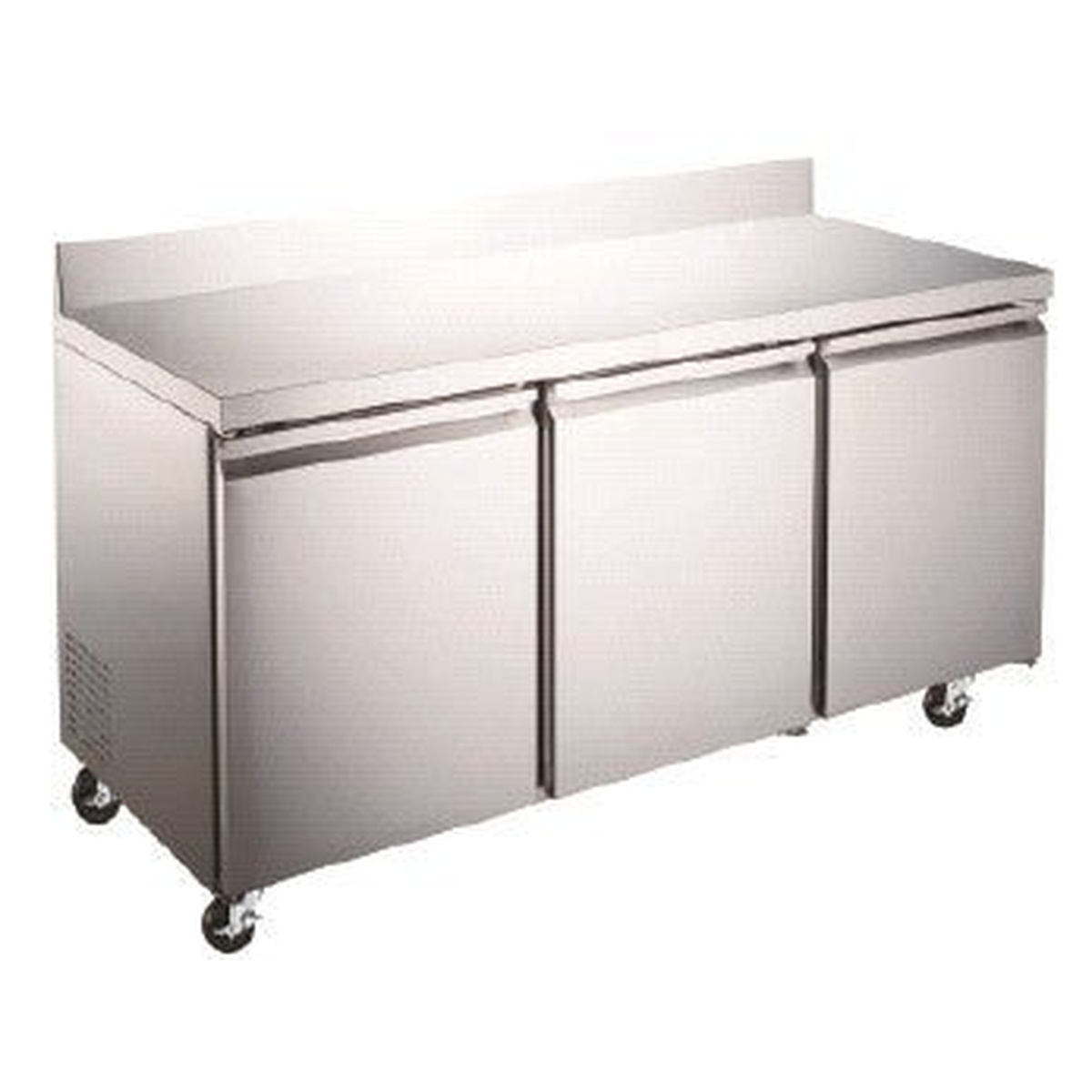 Enhanced Refrigeration EWT-72R-HC 72-inch three-door stainless steel worktop refrigerator with backsplash and casters