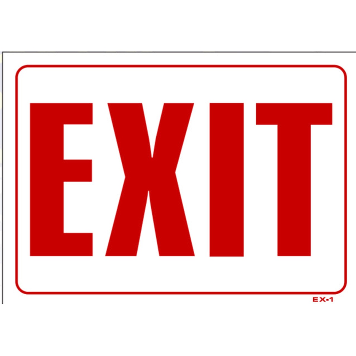 EX-1 plastic exit sign with bold red EXIT lettering on white background with red border