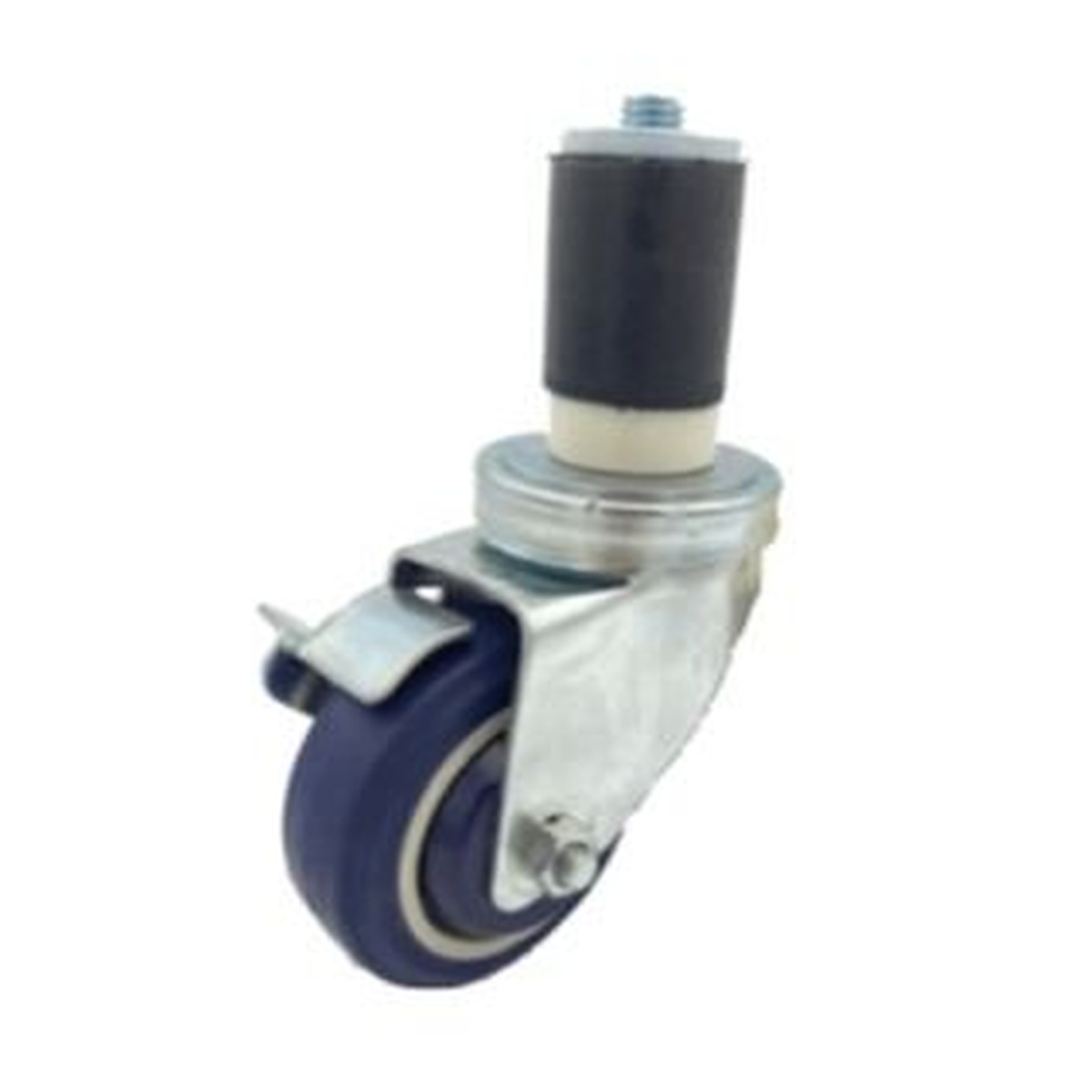 Enhanced 3-inch expanding stem caster with brake, showing blue wheel, metal yoke, and rubber expanding stem mount