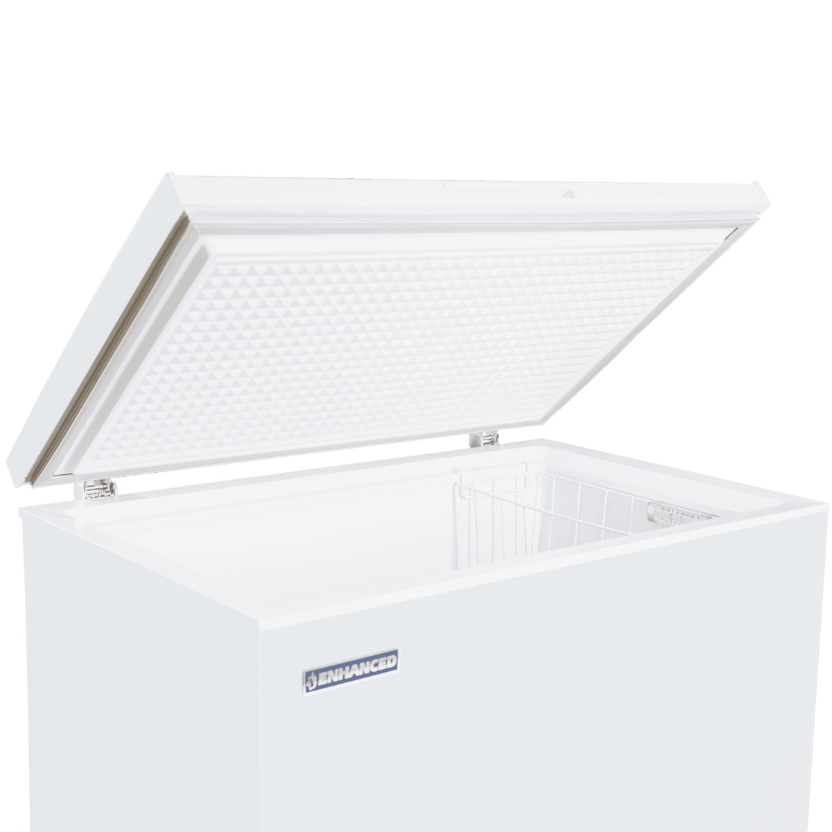 EXF-252 Enhanced chest freezer with lid open, showing interior wire basket and textured lid underside