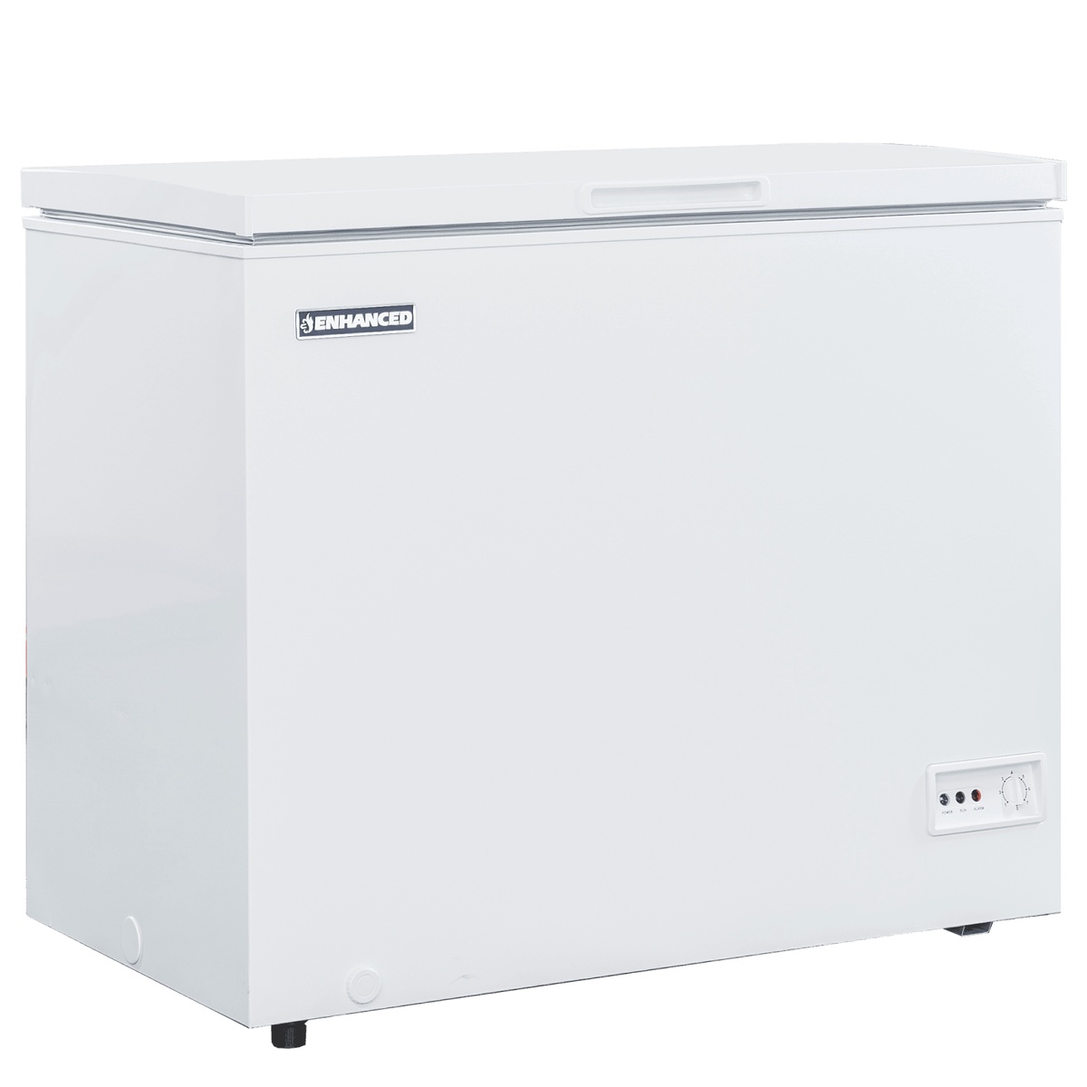 EXF-252 Enhanced chest freezer exterior, white solid-door design with front control panel, closed lid view
