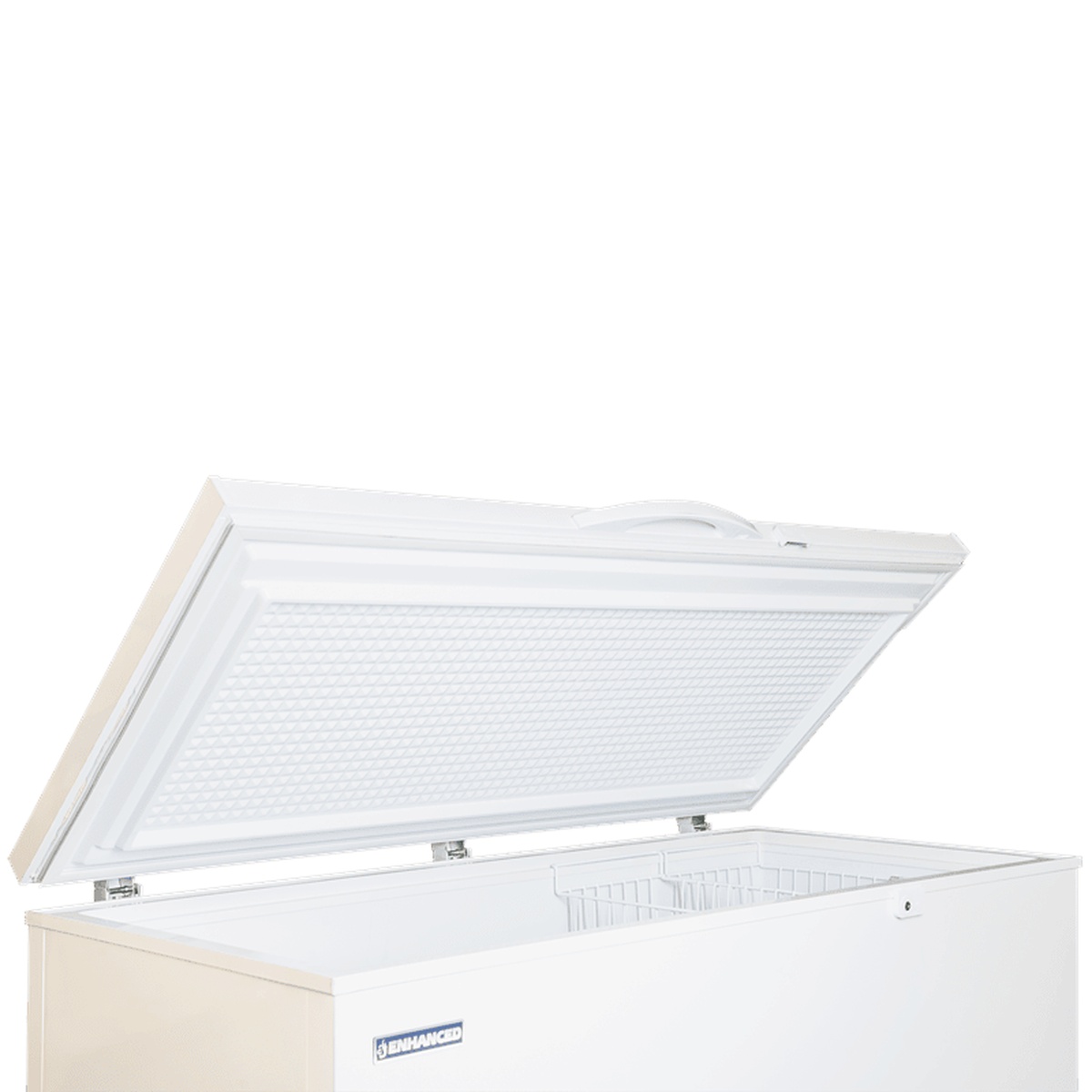EXF-512 Enhanced chest freezer with lid open, showing interior wire basket and insulated lid underside
