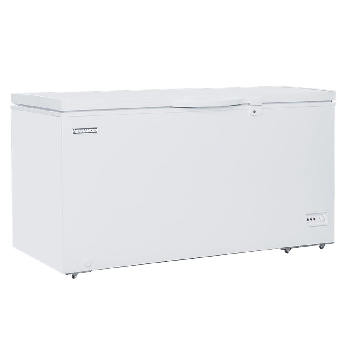 EXF-512 Enhanced white chest freezer, full exterior view with solid lid and caster wheels