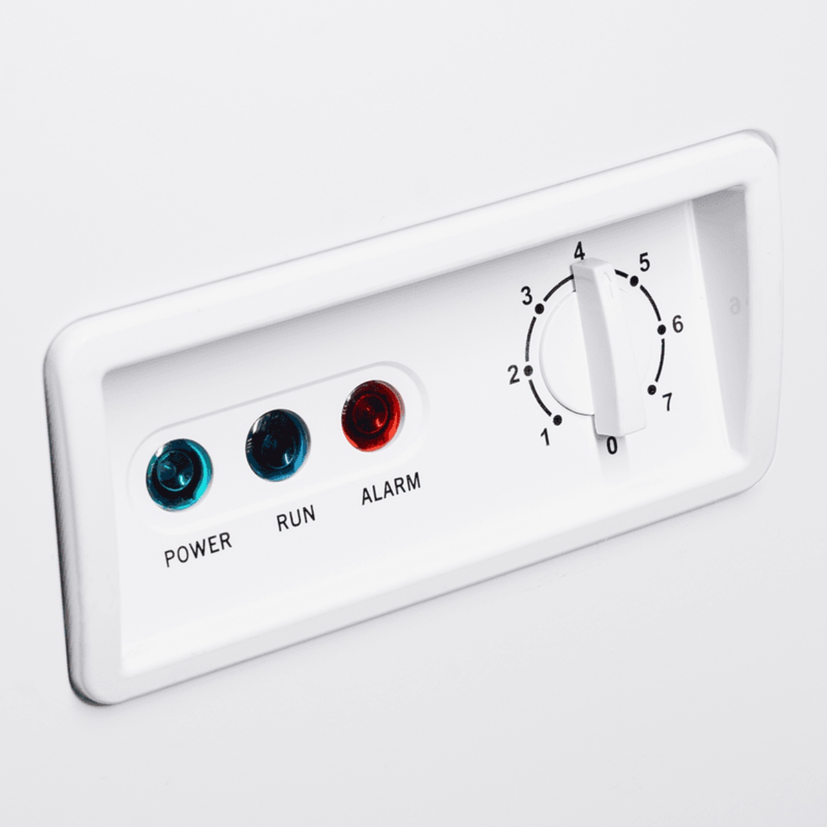 EXF-512 Enhanced control panel with power, run, and alarm indicator lights and rotary temperature dial