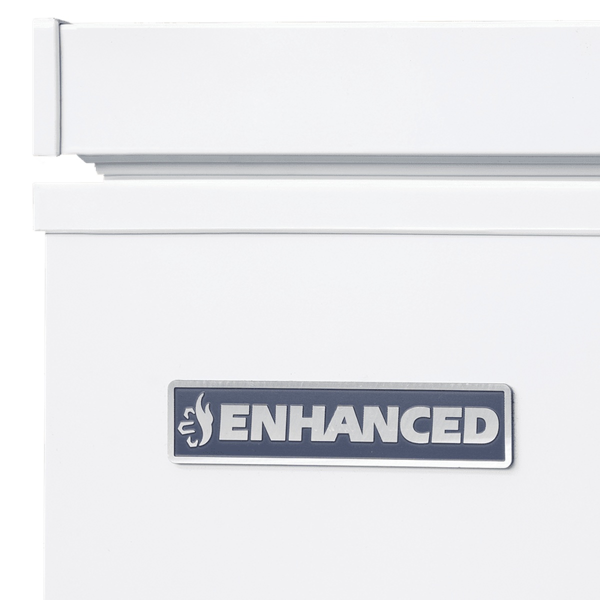 Close-up of Enhanced brand badge on the white exterior panel of the EXF-512 chest freezer