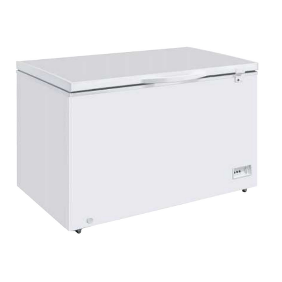 EXF-562 Enhanced 65-inch white solid-top chest freezer with stainless handle and locking latch