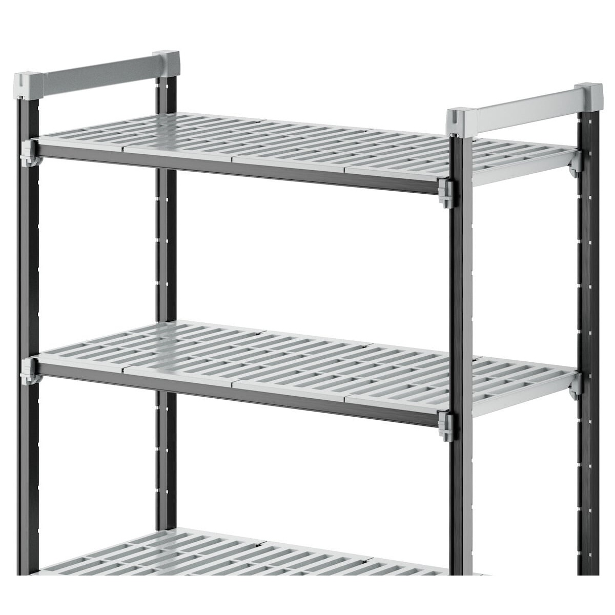 Close-up of Cambro Elements XTRA vented shelf plates and post connectors showing adjustable positioning