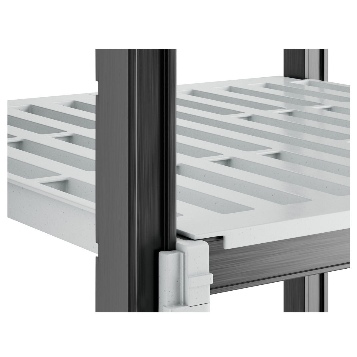 Close-up detail of Cambro Elements XTRA vented shelf plate dovetail connection to post traverse