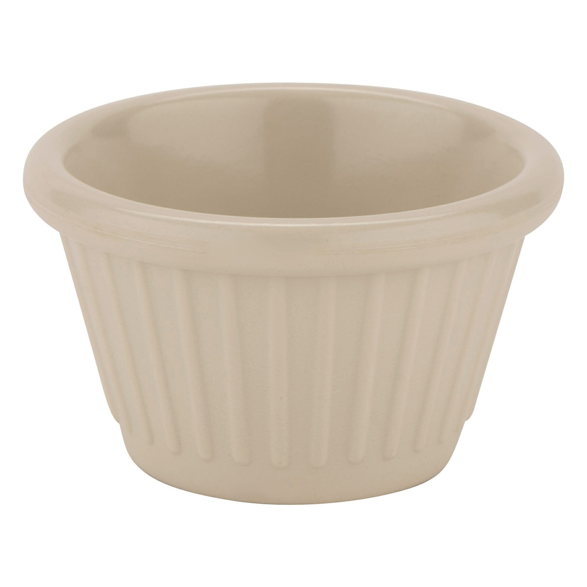 Side profile view of ivory G.E.T. Enterprises fluted melamine ramekin showing full shape and depth