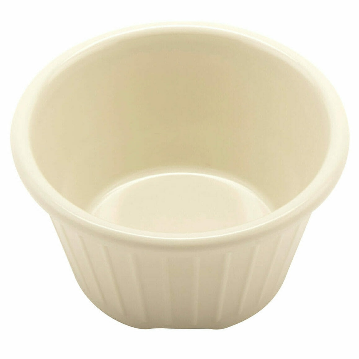G.E.T. Enterprises F-645-IV ivory melamine ramekin, angled top view showing smooth interior bowl
