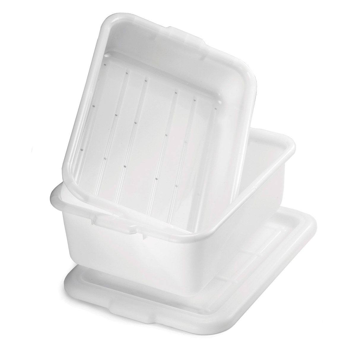Two white high-density polyethylene freezer storage boxes stacked, showing ribbed bottom drainage channels and integrated side handles