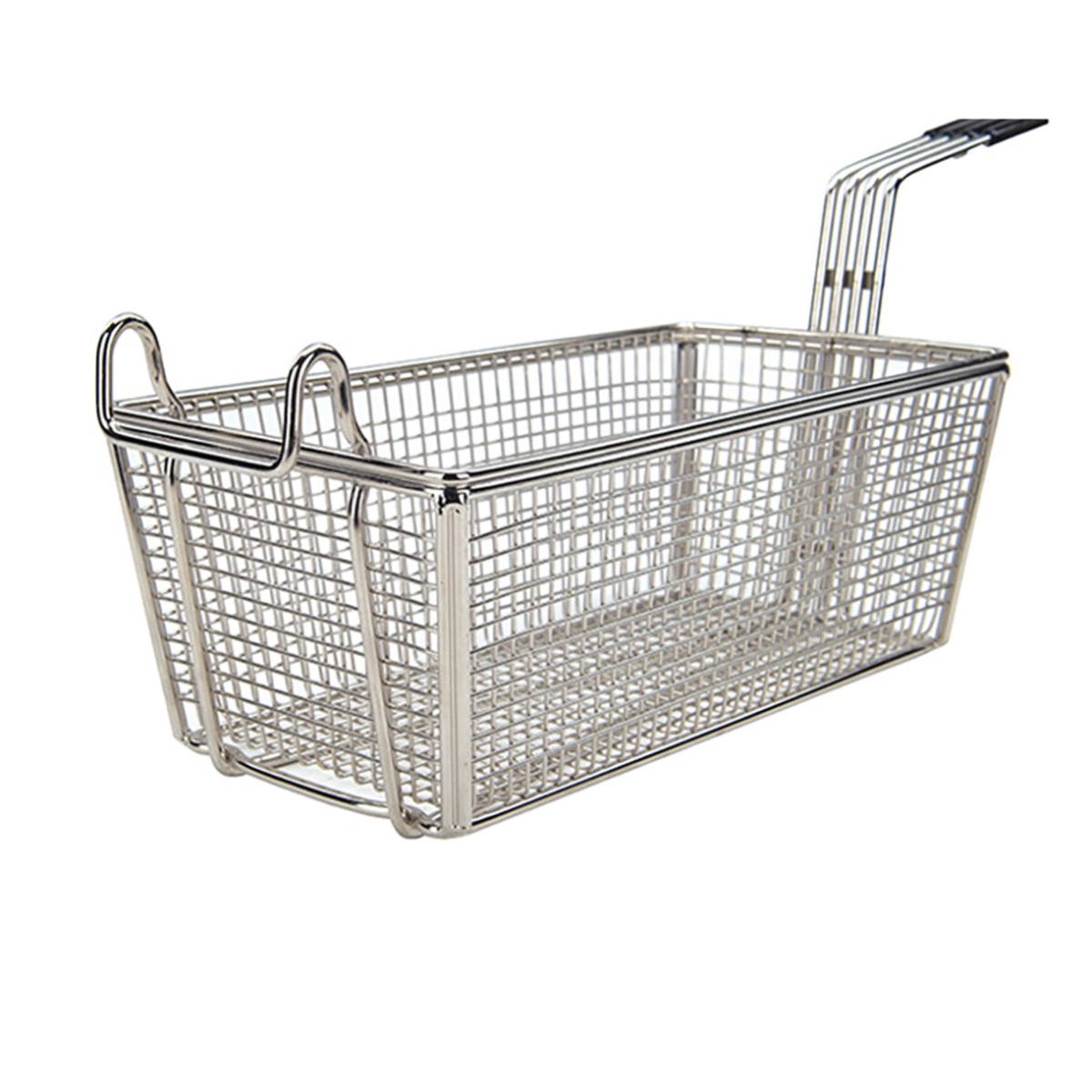 Front corner view of Winco FB-05 fry basket showing reinforced rim and front hooks