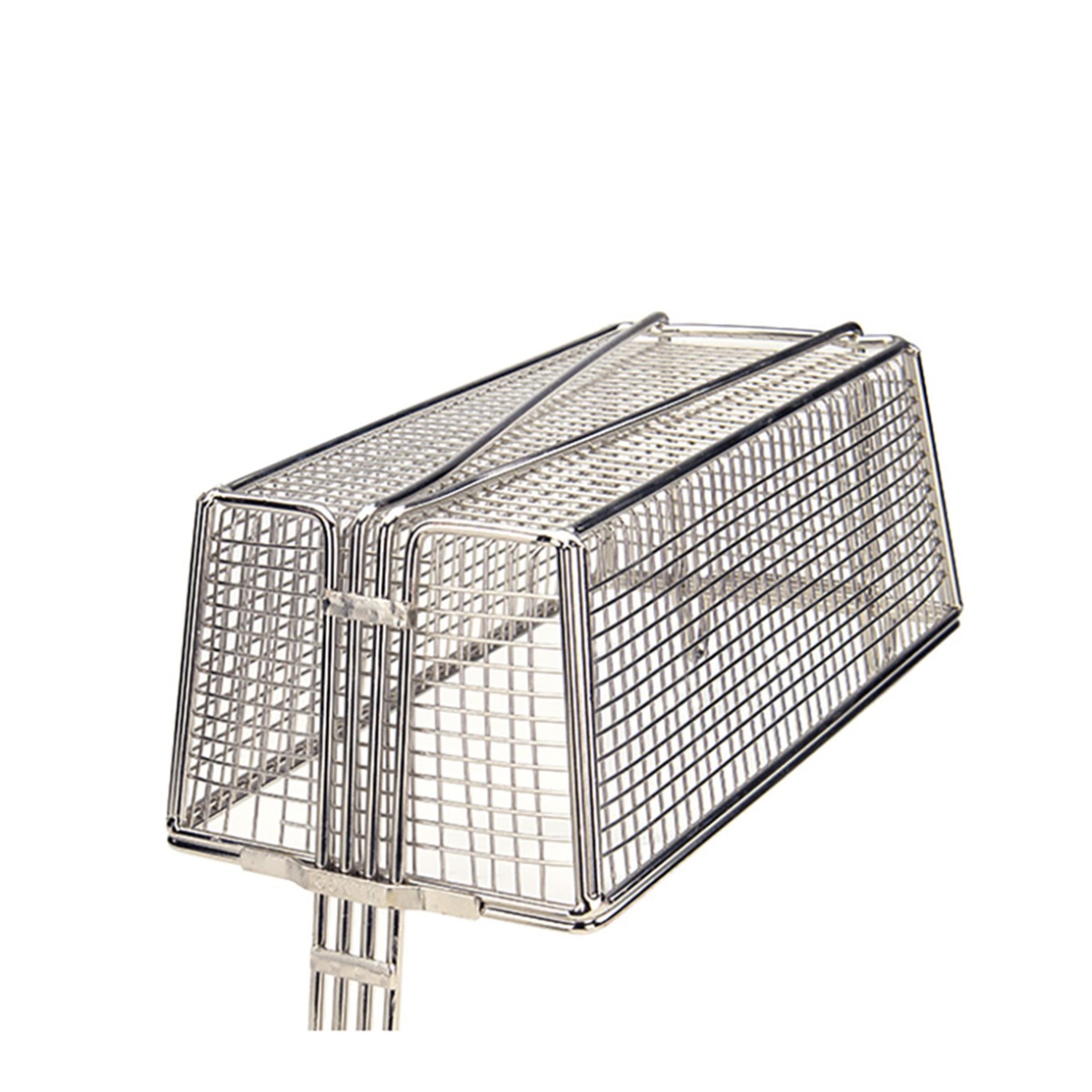 End view of Winco FB-05 fry basket showing wire mesh walls and handle connection