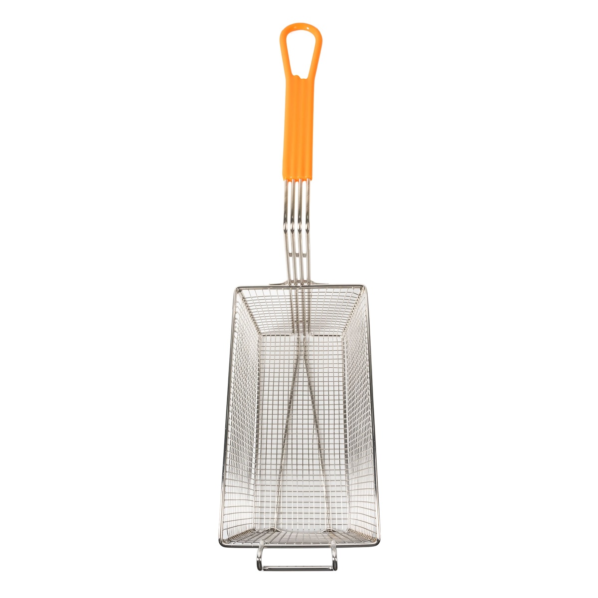Front view of fryer basket showing front hook and orange coated handle