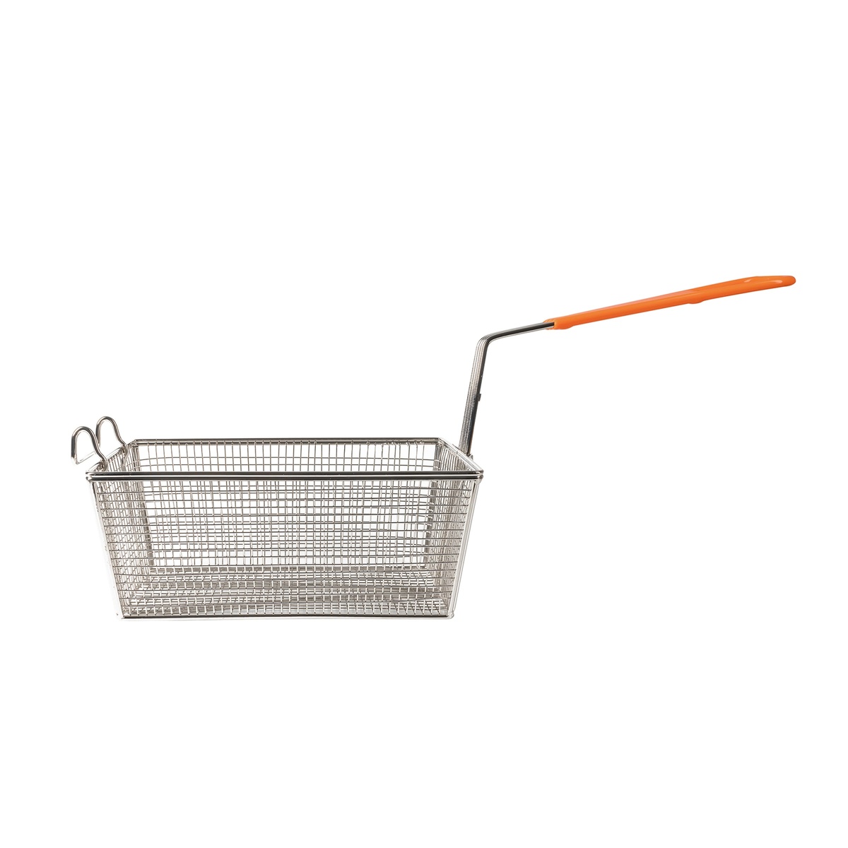 Side view of fryer basket showing long orange heat-resistant coated handle