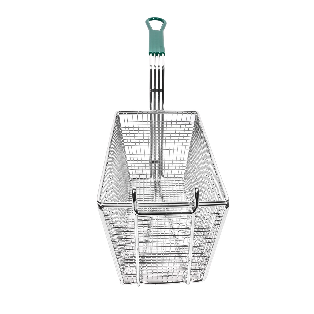 Front view of Winco FB-30 fryer basket showing rectangular mesh and front hook