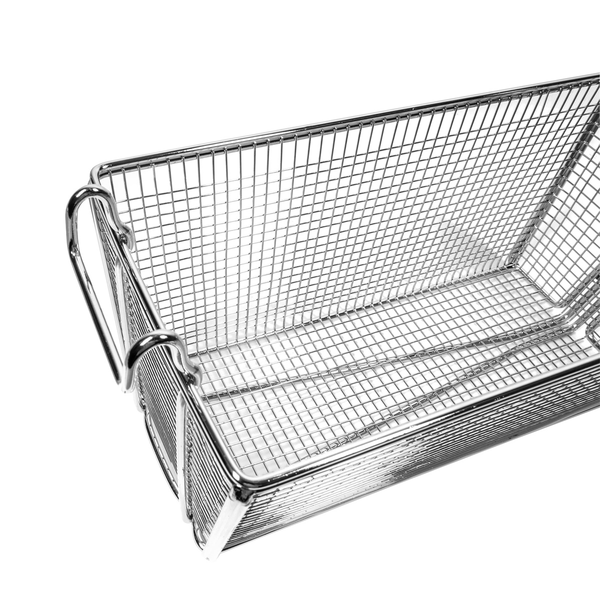 Close-up of Winco FB-30 fryer basket mesh and reinforced rim