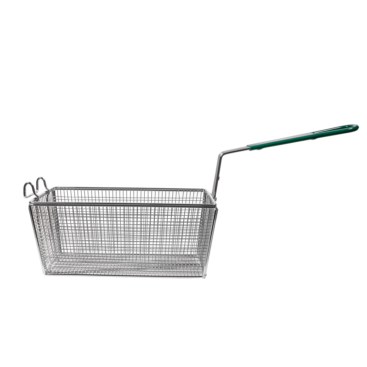 Side view of Winco FB-30 fryer basket highlighting long coated handle and hook