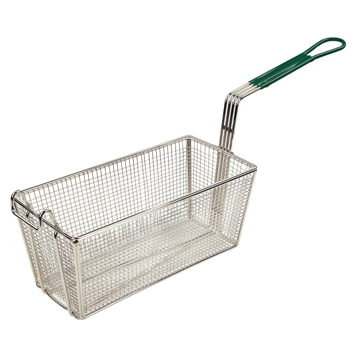 Winco FB-30 rectangular nickel-plated fry basket with green heat-resistant coated handle and front hook