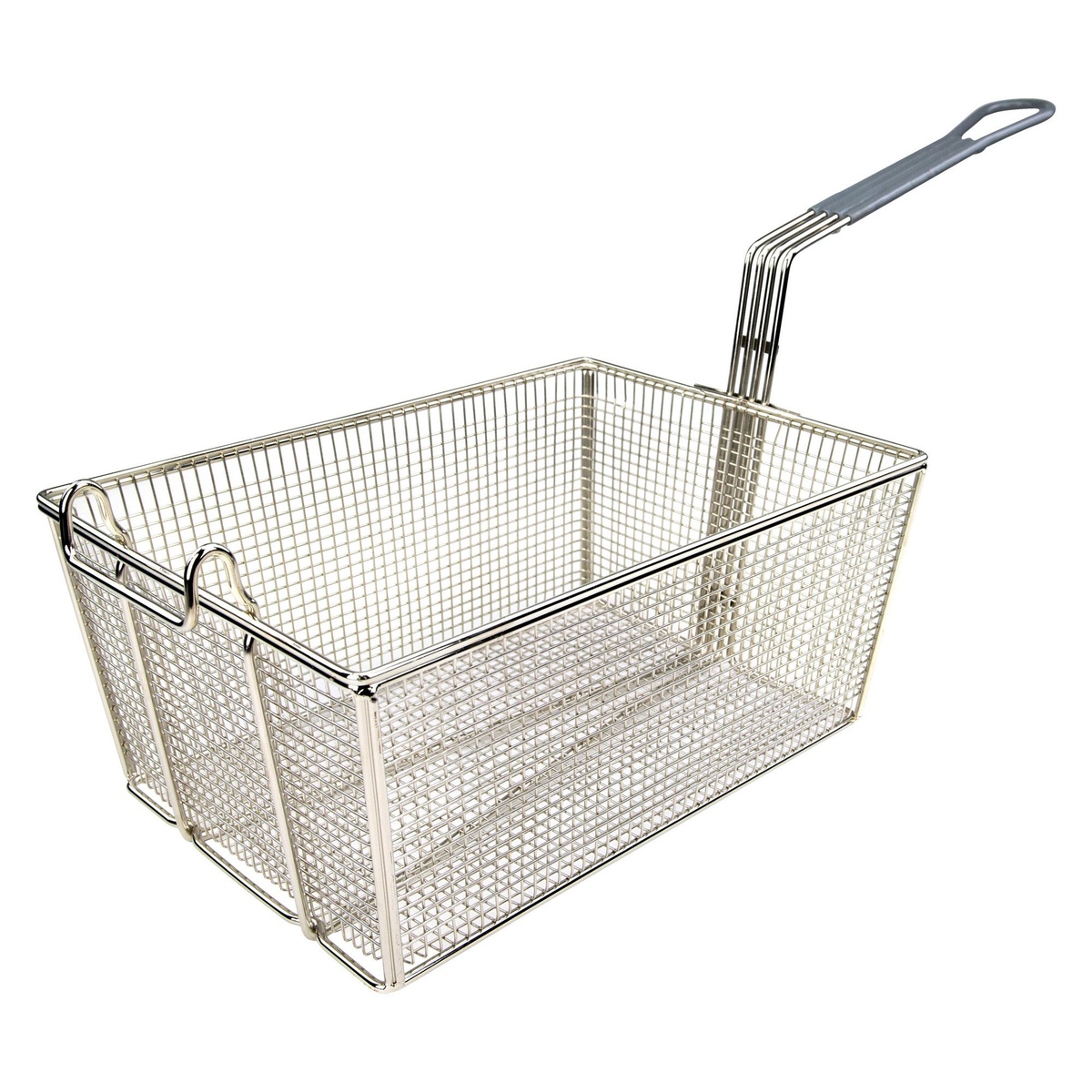 Rectangular nickel-plated wire fry basket with gray coated handle and front hooks