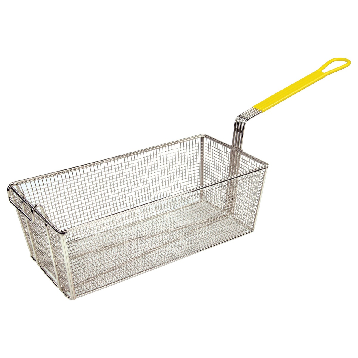 Winco FB-40 nickel-plated wire fry basket with yellow heat-resistant plastic coated handle and front support hook